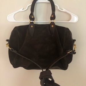 J.W. Hulme Emerson satchel in dark brown suede.